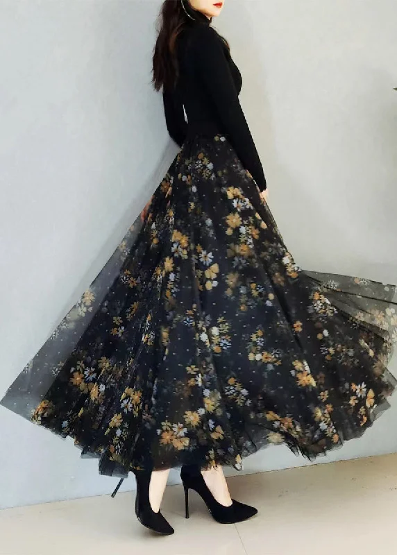 Trendy Comfort Art Black Print High Waist Exra Large Hem Tulle Skirts Spring