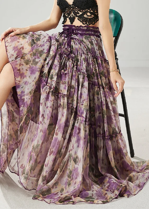 Smart Outfits Purple Print Chiffon Skirts Elastic Waist Ruffled Spring