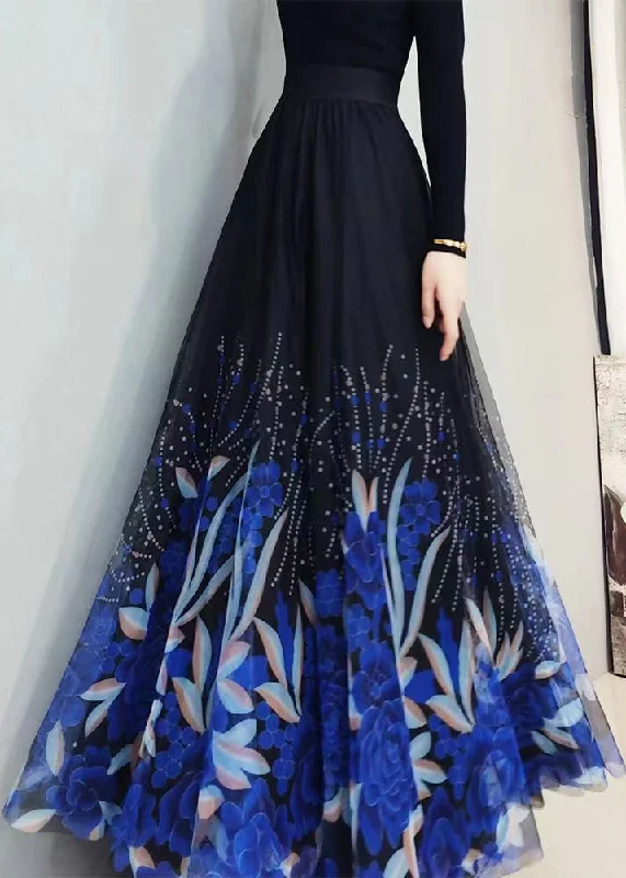 Stylish Comfort Italian Blue Print High Waist Exra Large Hem Tulle Skirts Spring