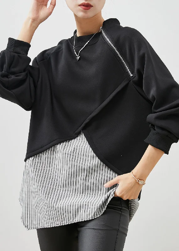 Design Must-have Black Patchwork Striped Cotton Sweatshirt Zip Up Spring
