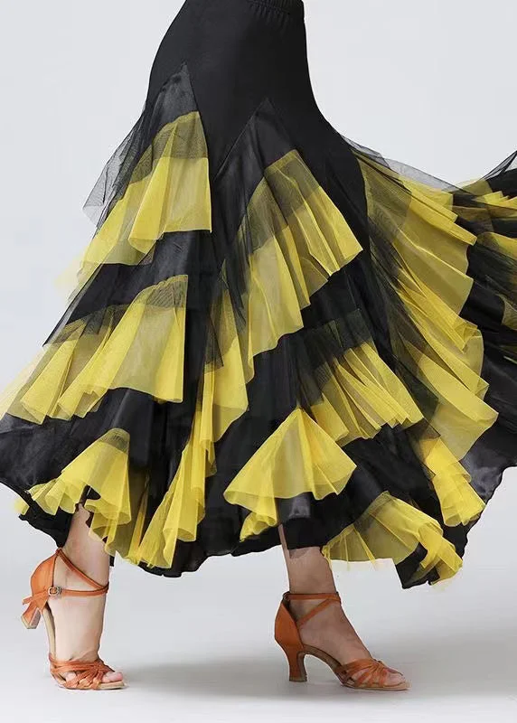 Elegant Comfort New Yellow Wrinkled Patchwork Elastic Waist Tulle Skirts Spring