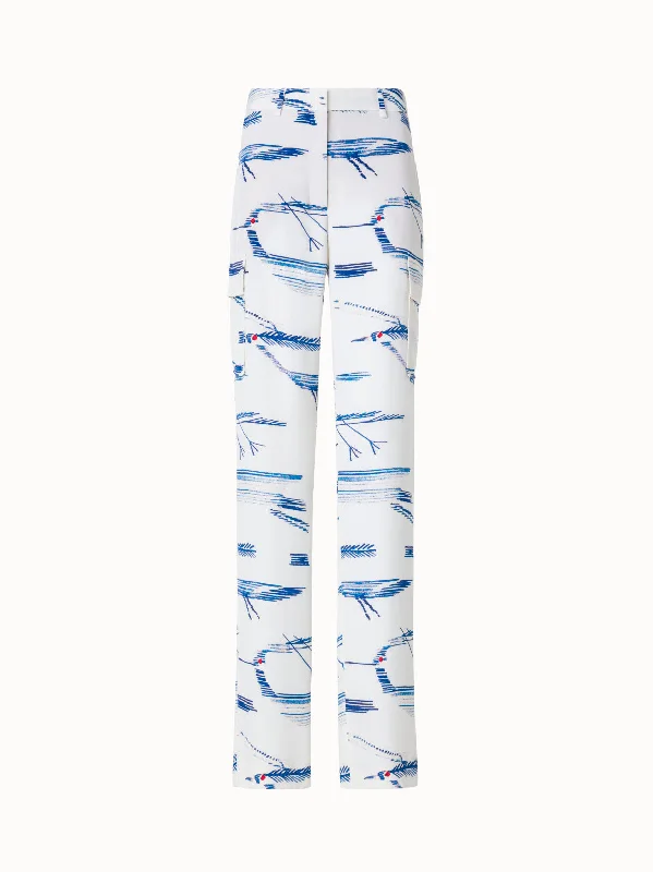 Smart Tops Silk Cargo Pants with Kasuri Birds Print