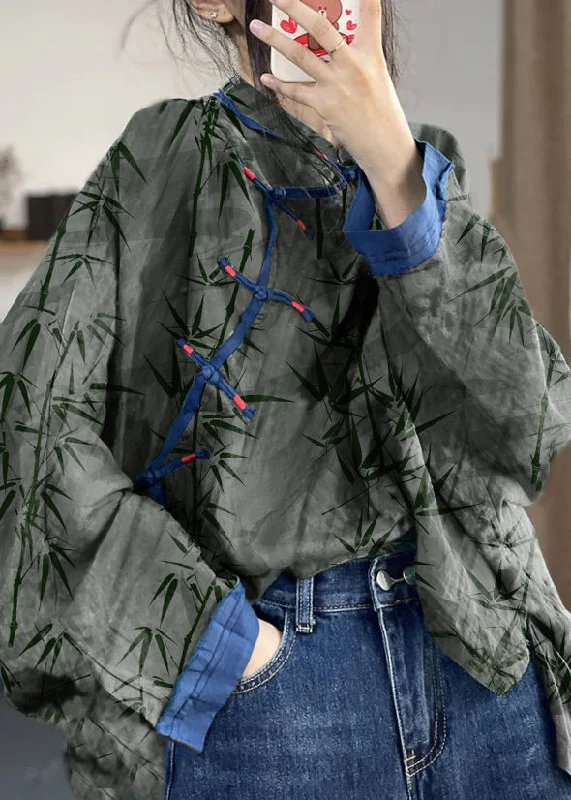 Functional Tops Loose Gray bamboo Button Print Patchwork Cotton Shirts Long Sleeve