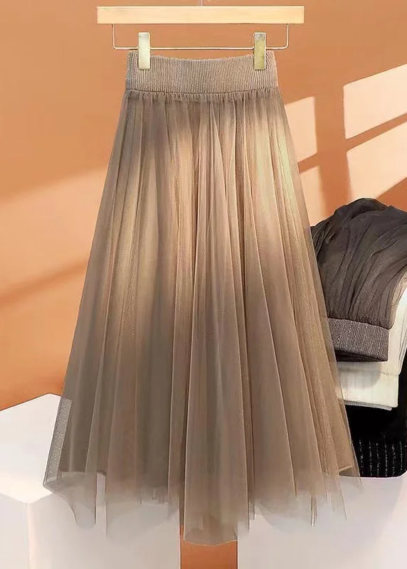 Casual Wear Women Khaki High Waist Wrinkled Asymmetrical Tulle Skirt Spring