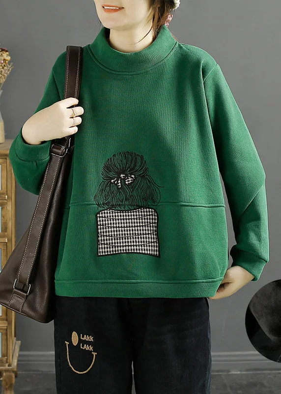 Comfortable Wearables Classy Green Stand Collar Embroidered Warm Fleece Pullover Sweatshirt Winter