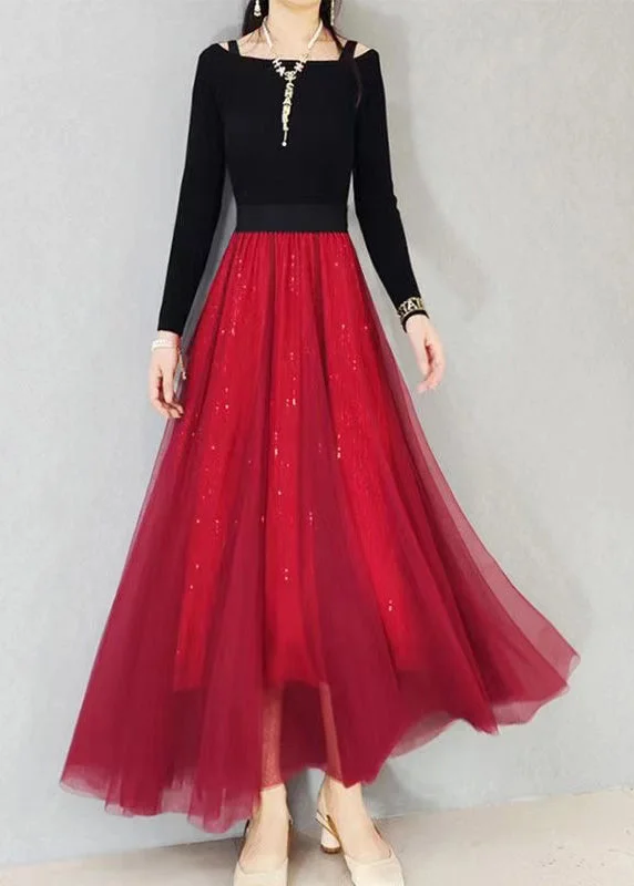 Casual Elegance Loose Red Sequins Exra Large Hem Tulle Skirts Spring