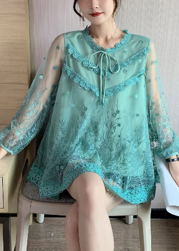 Versatile Knitwear Green Lace Up Patchwork Lace Tops O Neck Long Sleeve