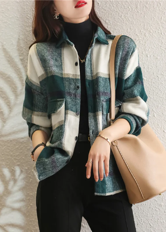 Soft Sweaters Women Plus Size Green Plaid Peter Pan Collar Cotton Shirt Tops Fall