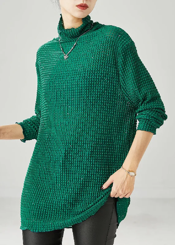 Sporty Essentials Green Sequins Cotton Shirt Top Turtle Neck Spring