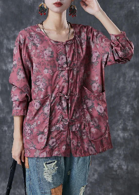 Comfy Suits Red Print Cotton Shirt Tops Oversized Chinese Button Fall