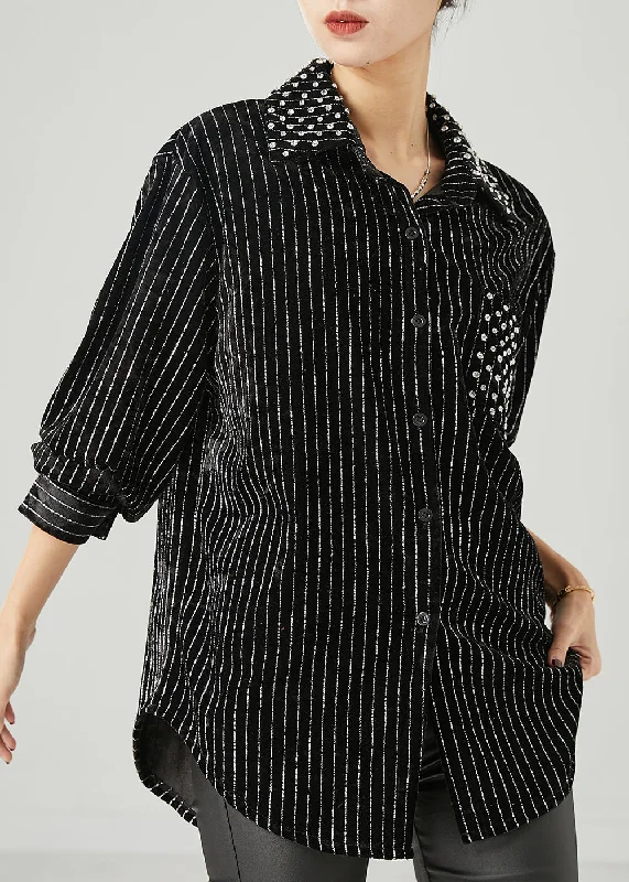 Premium Fit Unique Black Oversized Striped Nail Bead Velour Top Spring