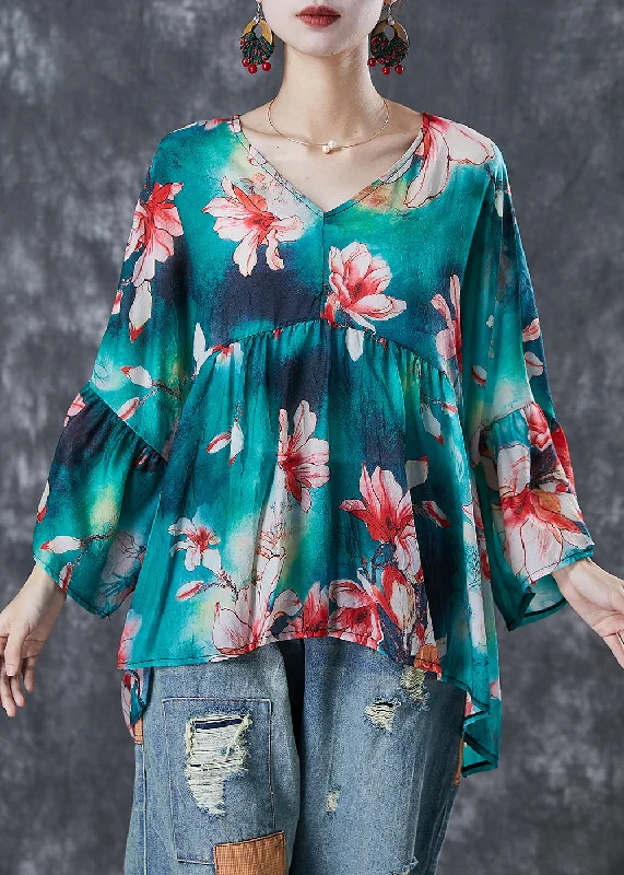 Casual Sneakers Modern Green Oversized Floral Print Cotton Tops Fall