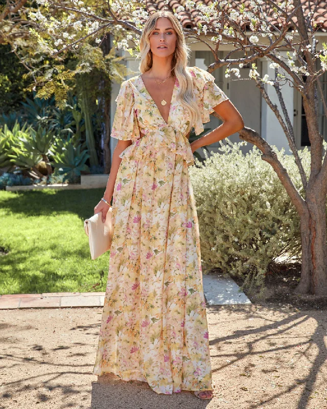 Warm Wear KittenAlarm - Sanae Floral Ruffle Cutout Maxi Dress - Pale Yellow