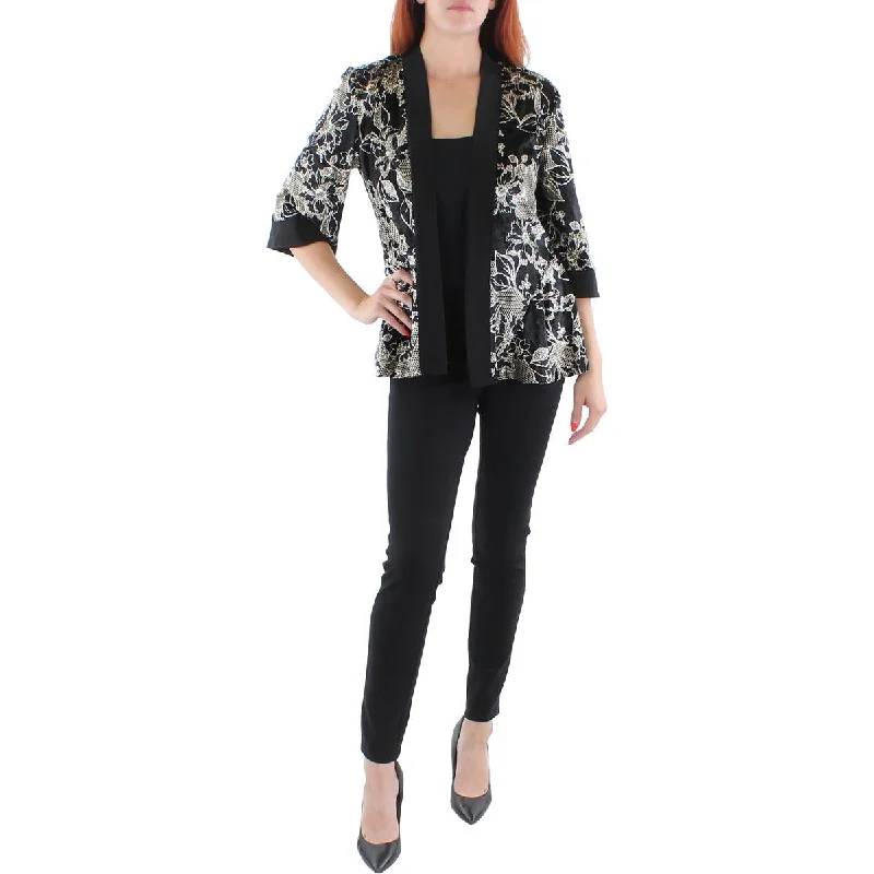 Flexible Wear R&M Richards Womens Petites Metallic Velvet Open-Front Blazer