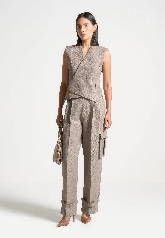 Cozy Basics Textured Tailored Wrap Waistcoat - Taupe