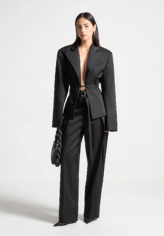 Daily Comfort Wide Shoulder Sateen Blazer with Twin Belt - Black