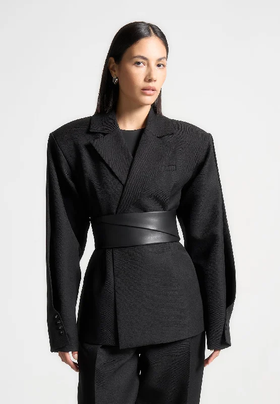 Casual Wear Twist Sleeve Tailored Blazer with Belt - Black