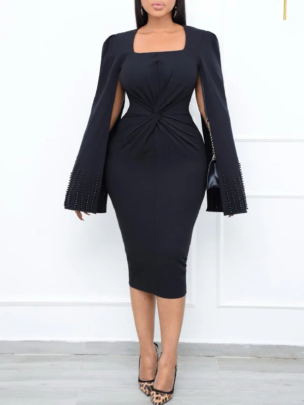 Effortless Style Square Neck Beaded Cape Twist Slim Dress