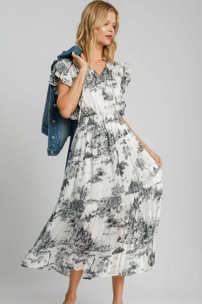High-end Design Umgee Full Size Two Tone Landscape Print Midi Dress Plus Size