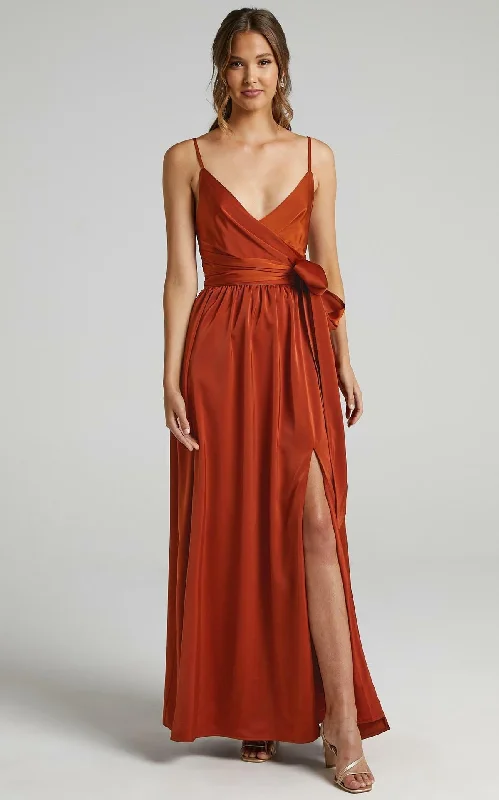 Goddess Outfit Limelight Satin High Low Maxi Dress - Camel