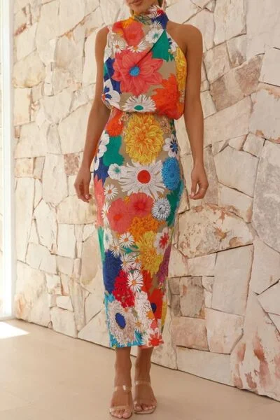 Smart Tops Floral Tied Back Sleeveless Midi Dress