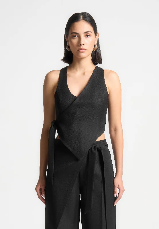 Street Casuals Asymmetric Tailored Waistcoat with Tie - Black