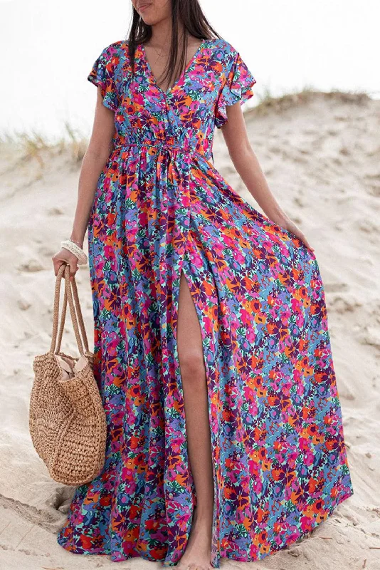 Lounge Wear Blue Floral Print V Neck Wrap Split Maxi Dress
