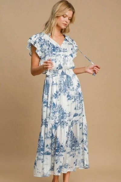 Everyday Comfort Wear Umgee Full Size Two Tone Landscape Print Midi Dress Plus Size