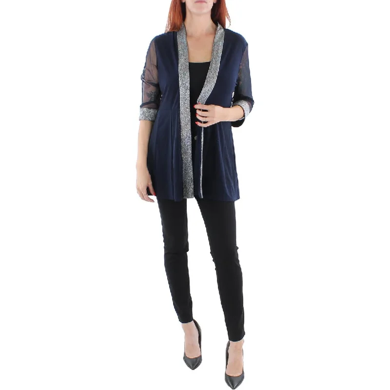 Soft Textures R&M Richards Womens Petites Mesh Inset Contrast Trim Duster Blazer