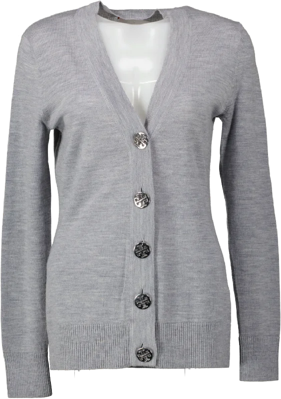 Trendy Styles Tory Burch Grey Merino V-neck Cardigan With Silver Logo Buttons UK S