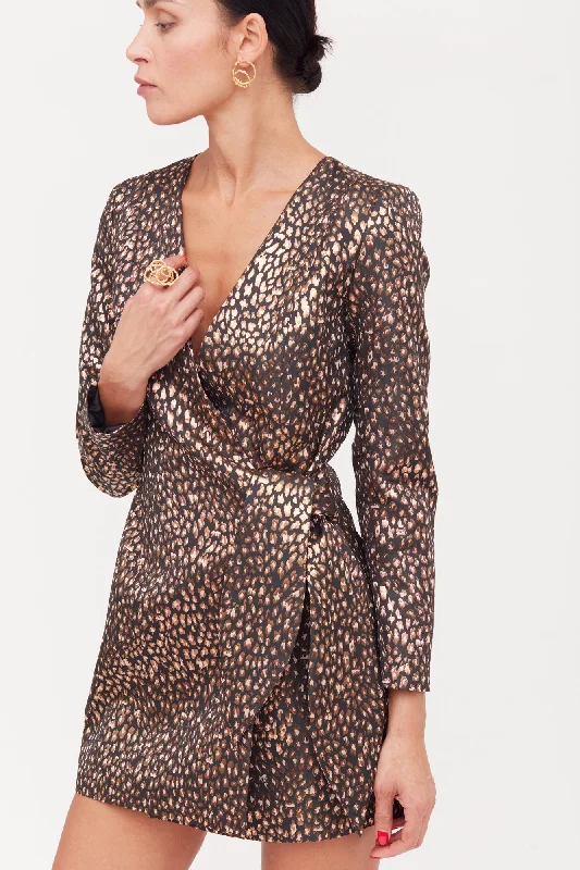 Flexible Wear SMILA Black Gold Jacquard Fabric Mini Blazer Dress With Bow Belt