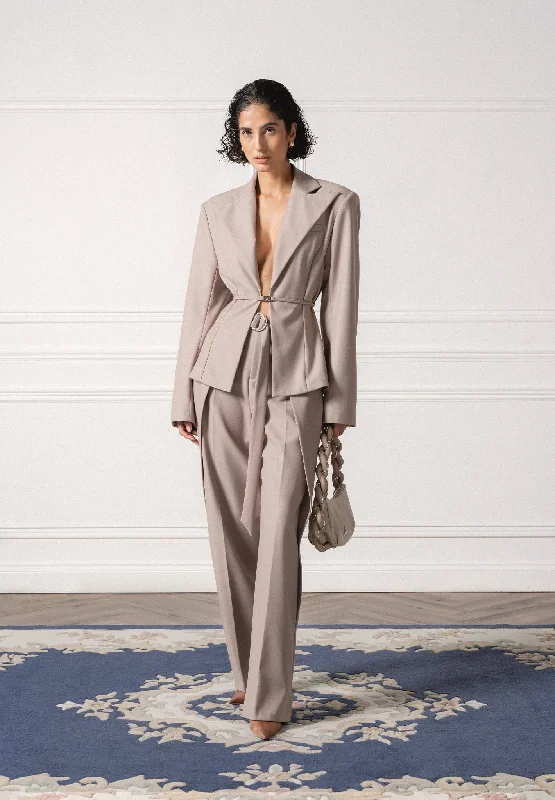 Urban Wear Wide Shoulder Tailored Blazer with Twin Belt - Taupe