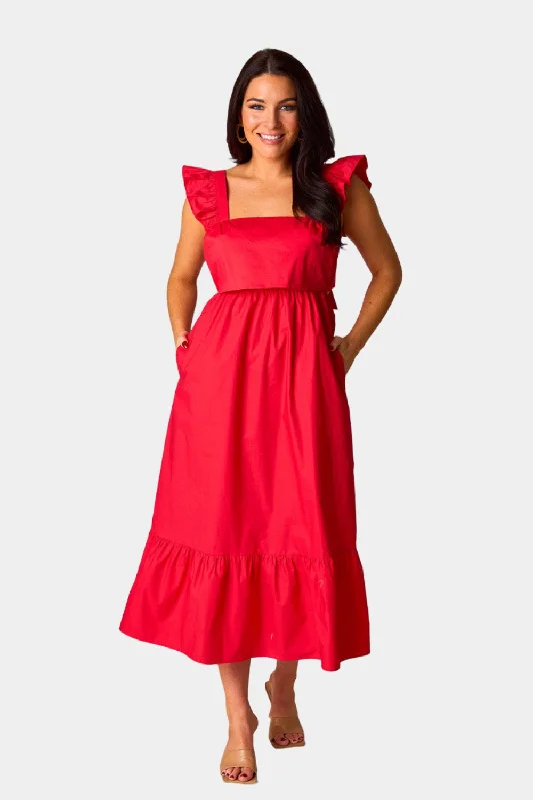 Comfortable Wearables Beverly Ruffle Sleeve Midi Dress - Red