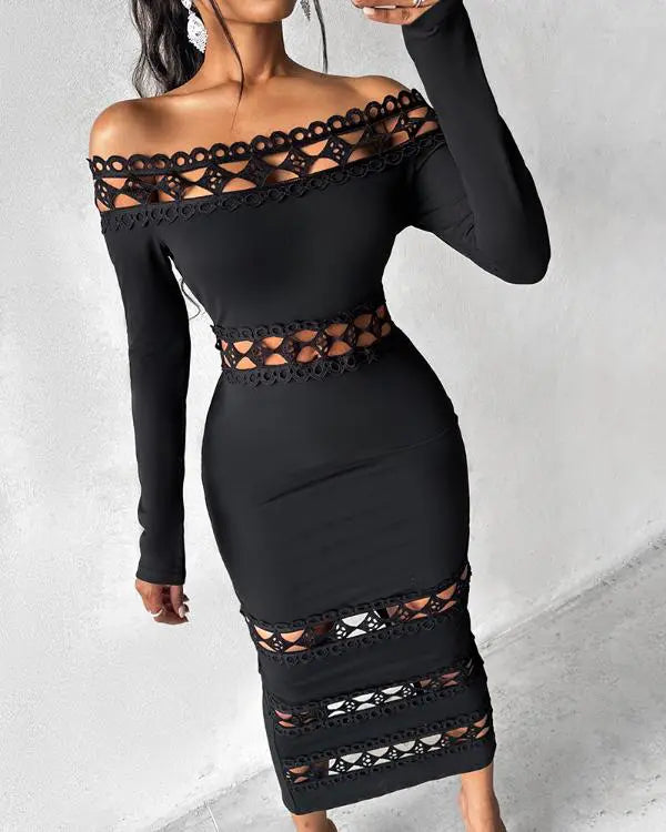 Goddess Outfit Off Shoulder Long Sleeve Lace Patch Midi Dress