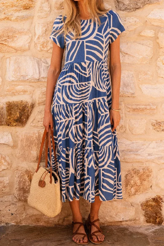 Lounge Wear Sky Blue Boho Printed Short Sleeve Flare Tiered Dress