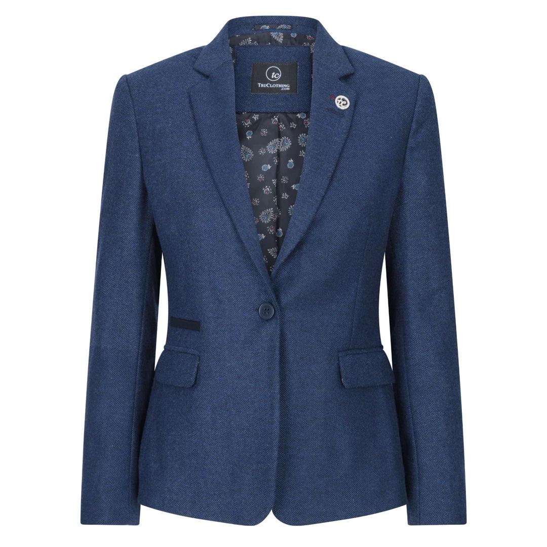 Comfy Hoodies Womens Tweed Herringbone Blazer Jacket Waistcoat Navy Blue 1920s Vintage