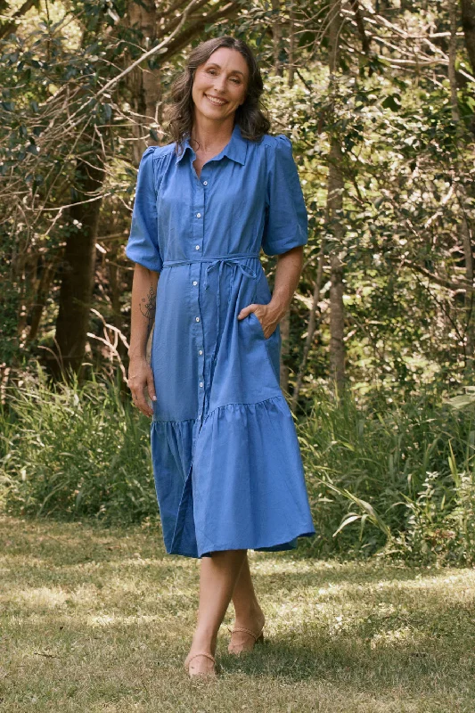 Simple Apparel Kenny Collared Maxi Dress in Yale Blue