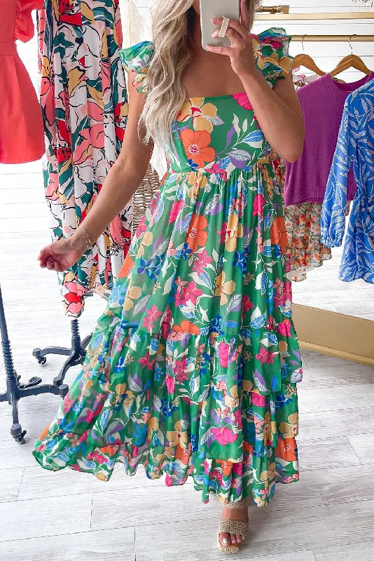 Trendy Comfort Green Floral Print Sleeveless Ruffle Tiered Maxi Dress