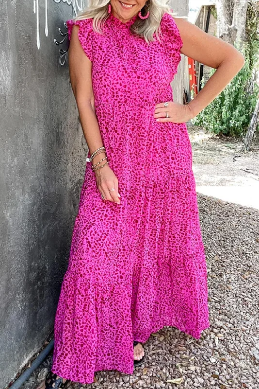 Casual Elegance Rose Red Leopard Print Ruffled Trim Tiered Maxi Dress