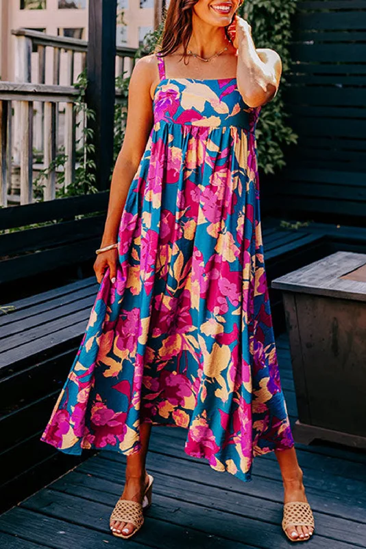 Comfortable Outfits Dark Blue Floral High Waist Sleeveless Flared Long Dress