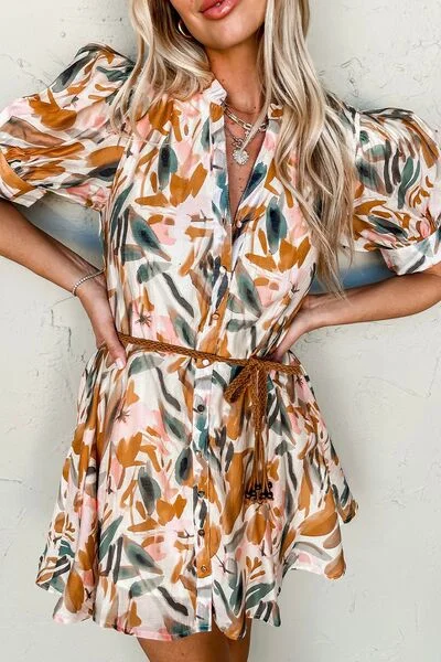 Urban Wear Printed Notched Short Sleeve Mini Dress