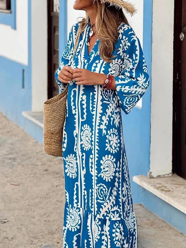 Chic Relaxation Printed Notched Half Sleeve Maxi Dress