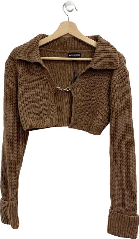 Design Must-have Pretty Little Thing Brown Chunky Knit Chain Cropped Cardigan M UK Size