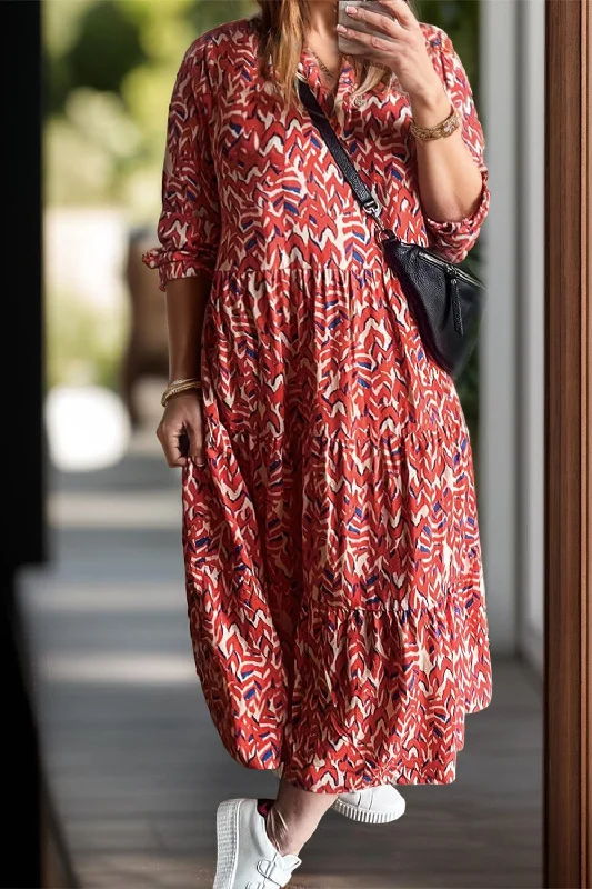 Effortless Style Plus Size Printed Notched Long Sleeve Dress