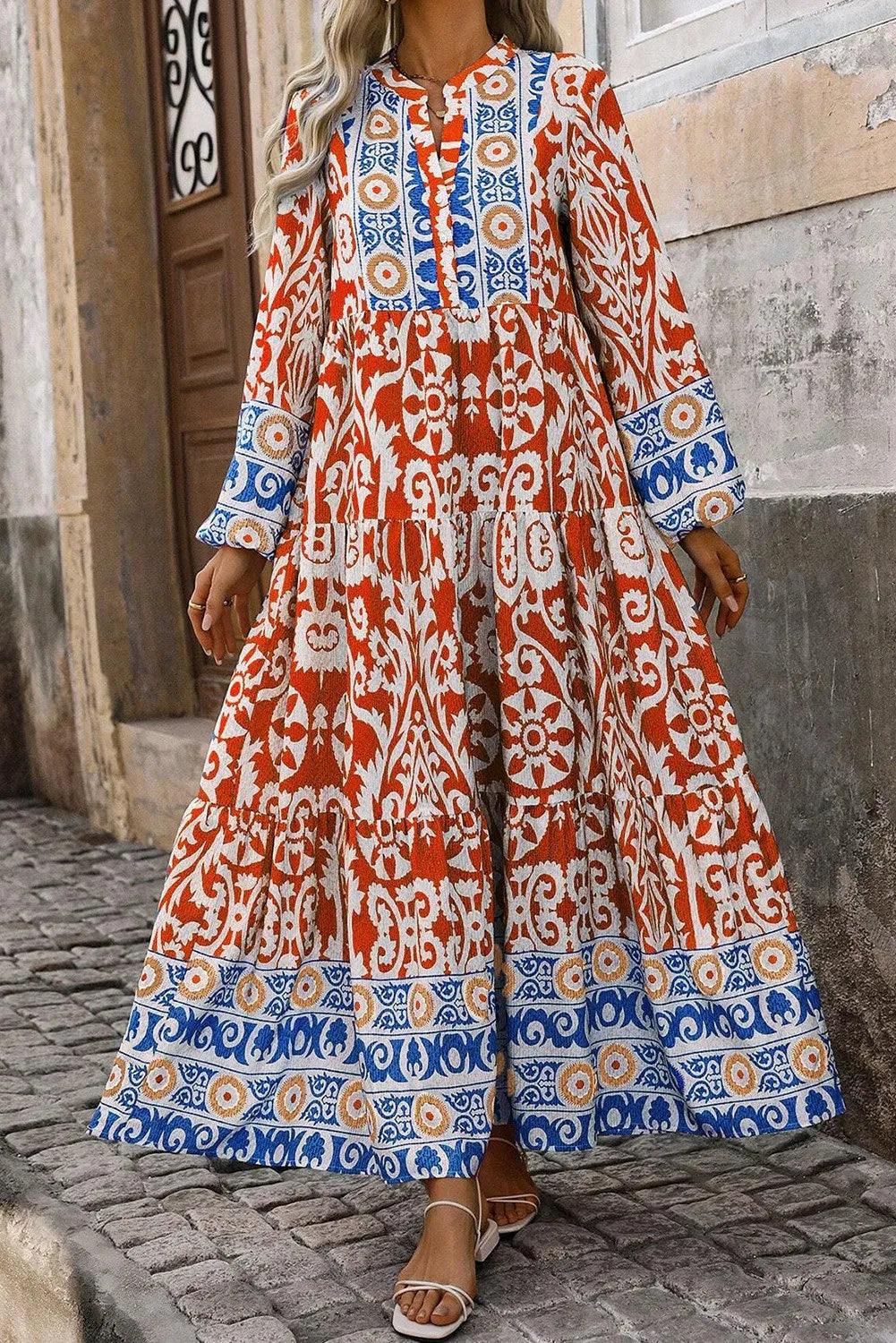 Comfortable Outfits Printed Notched Long Sleeve Maxi Dress