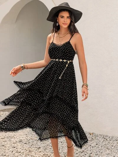 Flexible Wear Lace Detail Layered Printed Midi Cami Dress