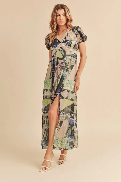 Practical Looks Aemi + Co Lace Detail Slit Geometric Print Short Sleeve Maxi Dress