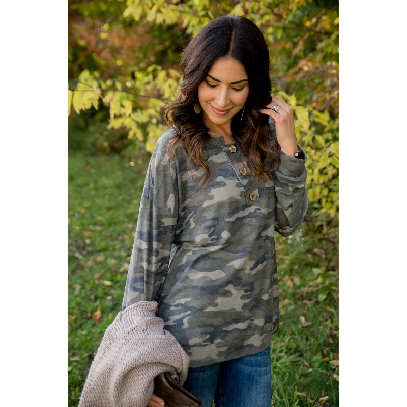 Camo Triple Button Top Long Sleeve Tee