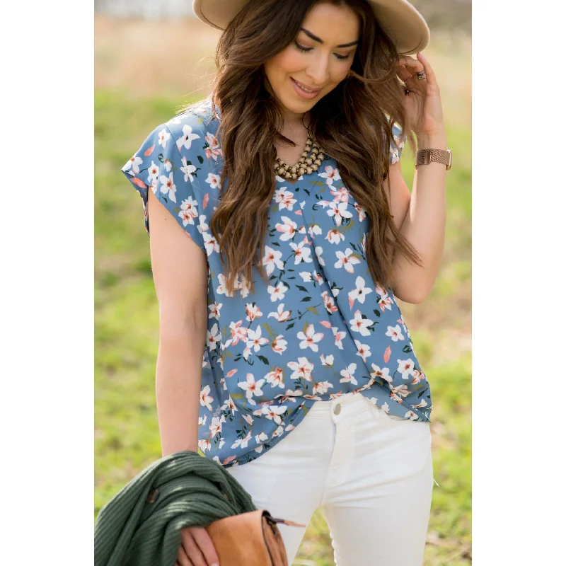 Floral Tie Flutter Blouse - Blue