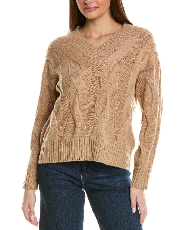 Hannah Rose Wide Cable V-Neck Wool & Cashmere-Blend Sweater